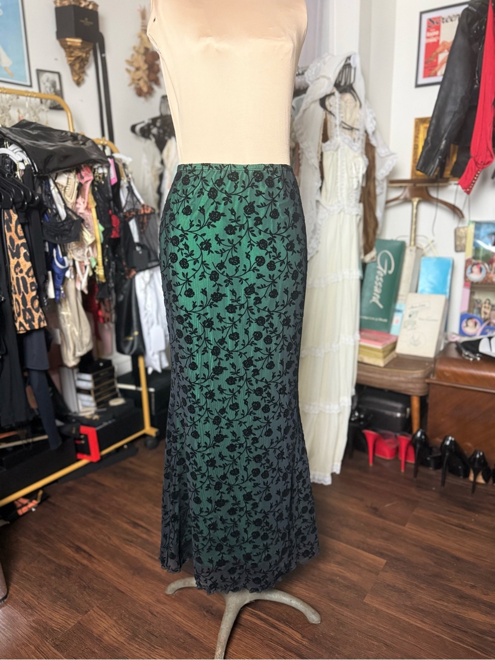 Green and Black Floral Lace Maxi Skirt Fairycore Whimsigoth Goth
